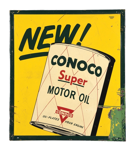 CONOCO SUPER MOTOR OIL SELF FRAMED TIN SIGN W/ ORIGINAL WOOD BACKING. 