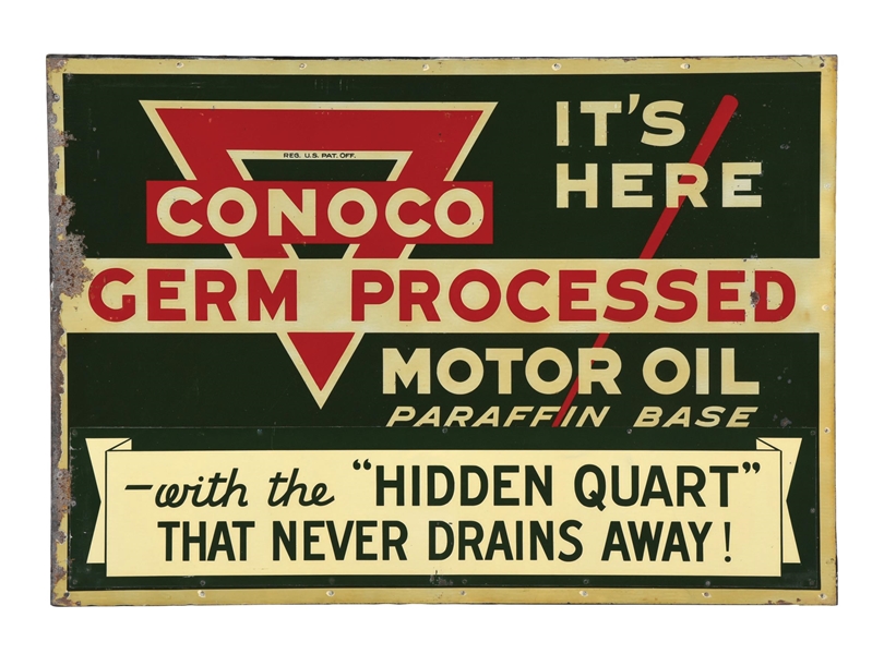 CONOCO GERM PROCESSED MOTOR OIL EMBOSSED TIN SIGN W/ ORIGINAL WOOD FRAME.