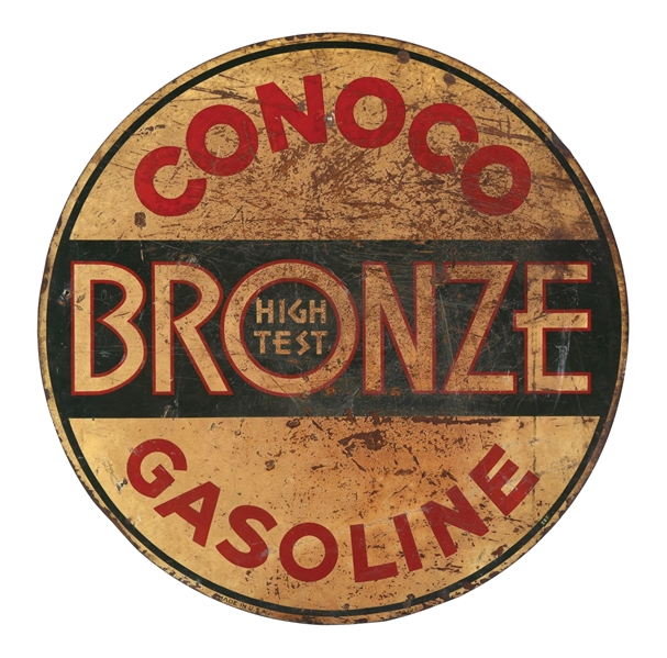 CONOCO HIGH TEST BRONZE GASOLINE TIN SIGN.