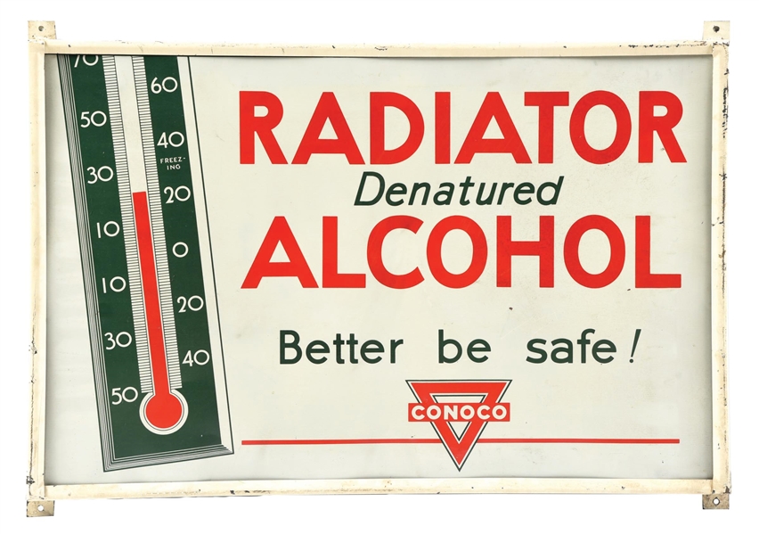 CONOCO RADIATOR ALCOHOL TIN SERVICE STATION SIGN W/ ORIGINAL METAL FRAMING. 