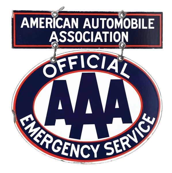 AUTO CLUB EMERGENCY SERVICE PORCELAIN SIGN W/ AMERICAN AUTOMOBILE ASSOCIATION ATTACHMENT SIGN. 