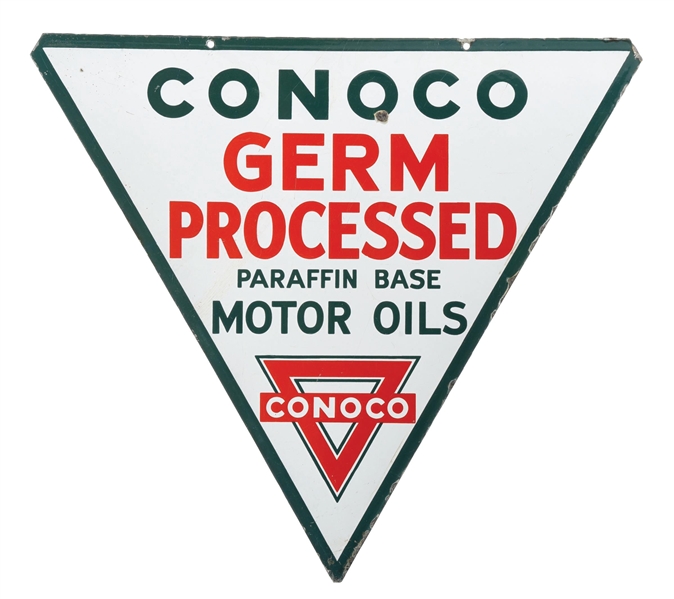 PORCELAIN CONOCO GERM PROCESSED MOTOR OIL TRIANGLE SIGN. 