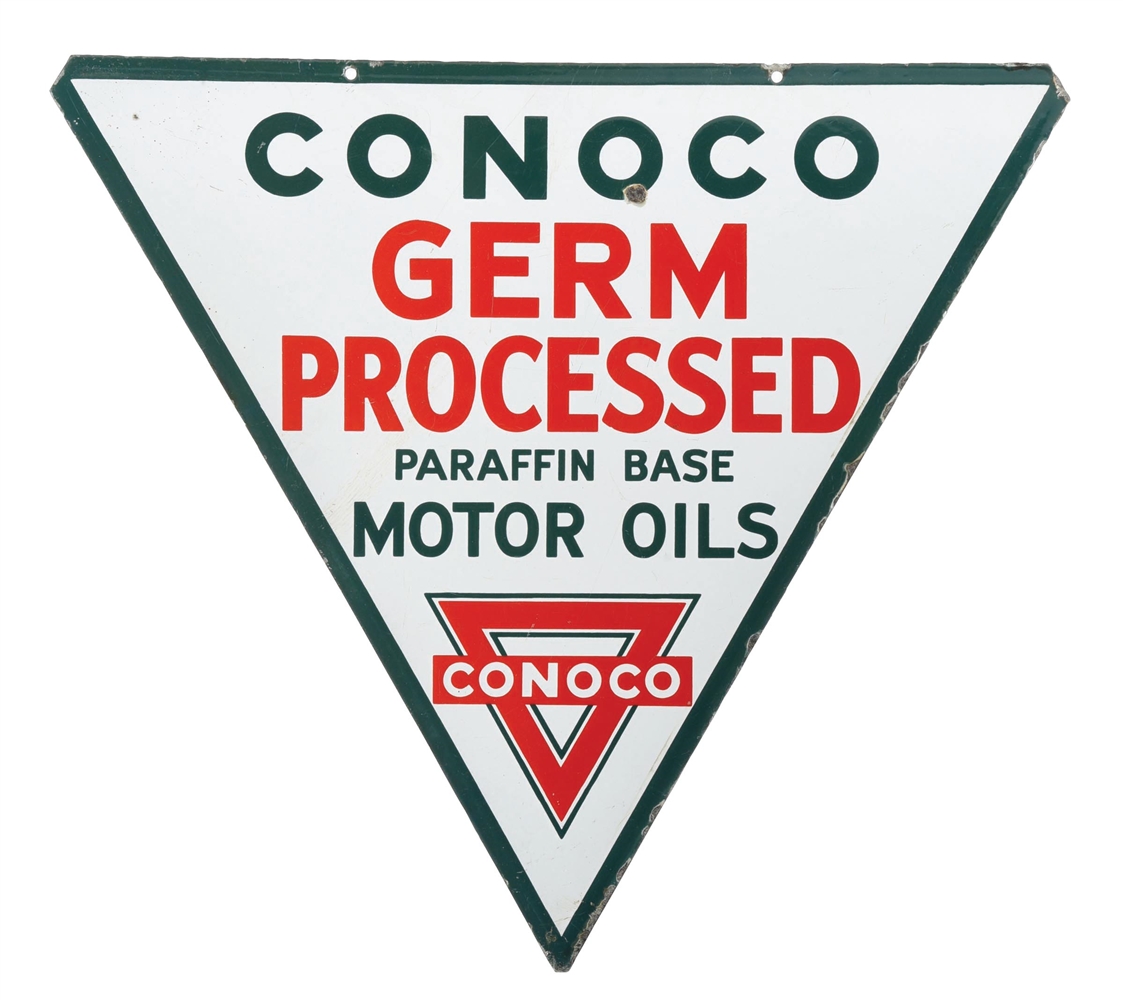 PORCELAIN CONOCO GERM PROCESSED MOTOR OIL TRIANGLE SIGN. 