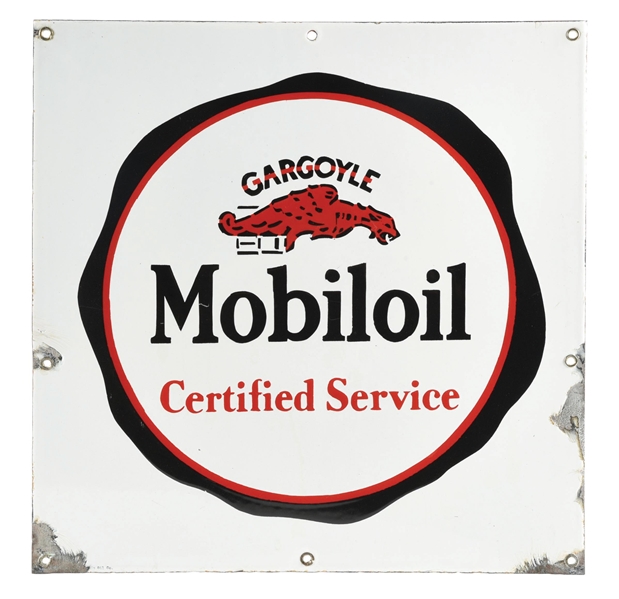 MOBILOIL CERTIFIED SERVICE PORCELAIN SIGN W/ GARGOYLE GRAPHIC. 