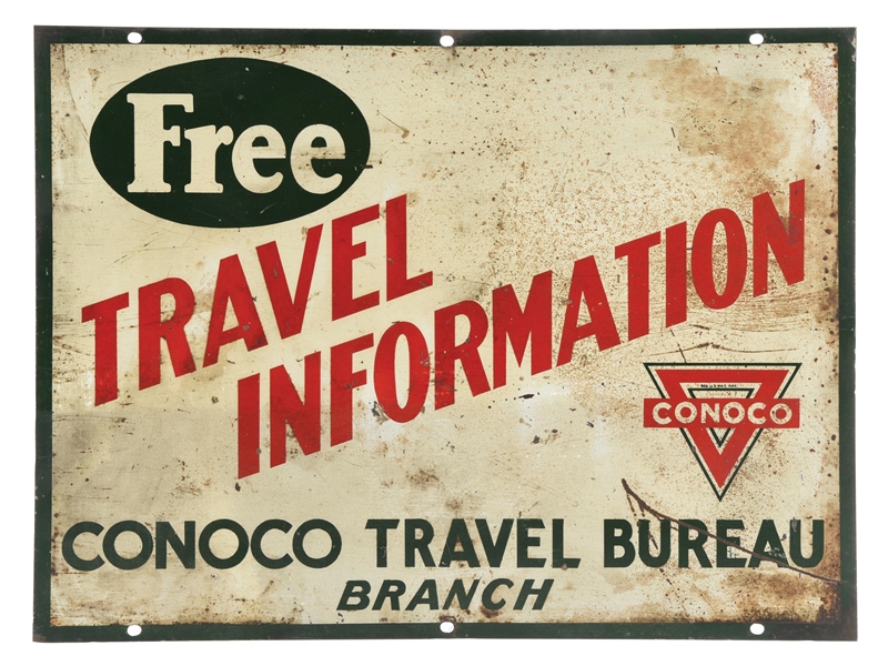 CONOCO TRAVEL BUREAU FREE INFORMATION TIN SERVICE STATION SIGN. 