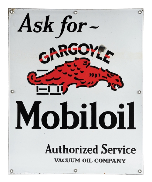 ASK FOR MOBILOIL PORCELAIN CABINET SIGN W/ GARGOYLE GRAPHIC. 