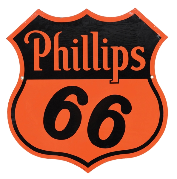 PHILLIPS 66 GASOLINE PORCELAIN SHIELD SIGN. 