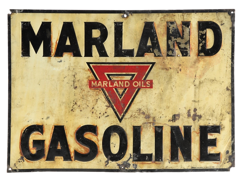 MARLAND GASOLINE EMBOSSED TIN SIGN.