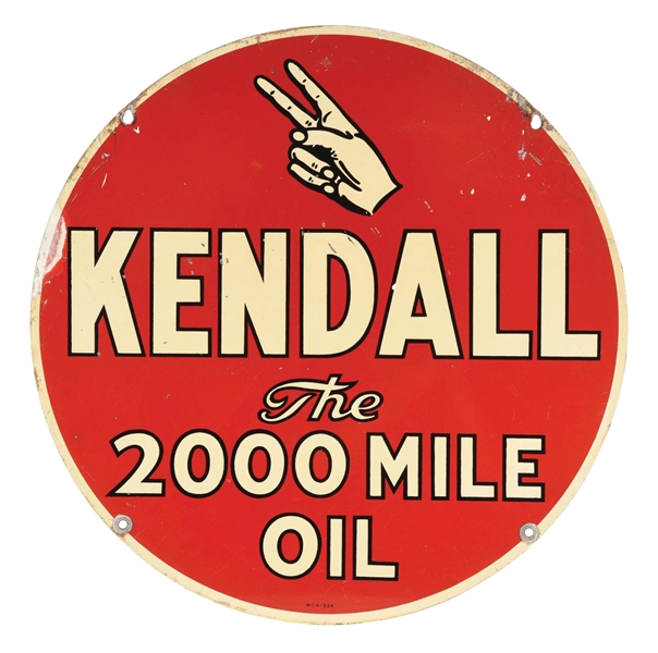 KENDALL THE 2000 MILE OIL TIN SIGN W/ HAND GRAPHIC. 