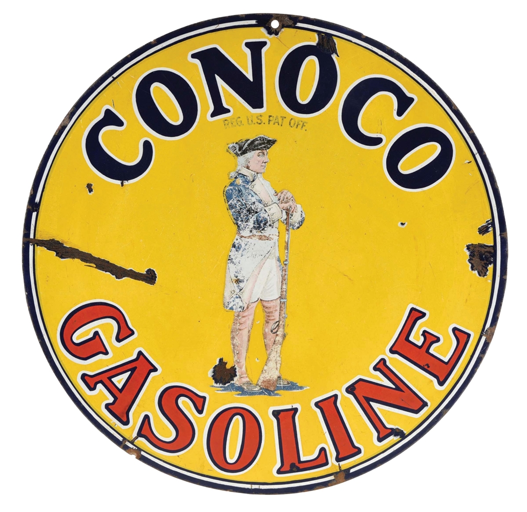 CONOCO GASOLINE PORCELAIN SIGN W/ MINUTEMAN GRAPHIC. 