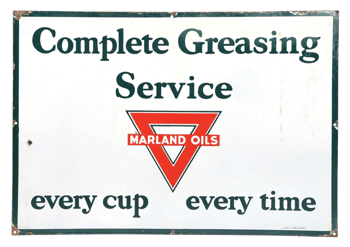 MARLAND OILS COMPLETE GREASING SERVICE PORCELAIN SIGN W/ TRIANGLE GRAPHIC. 