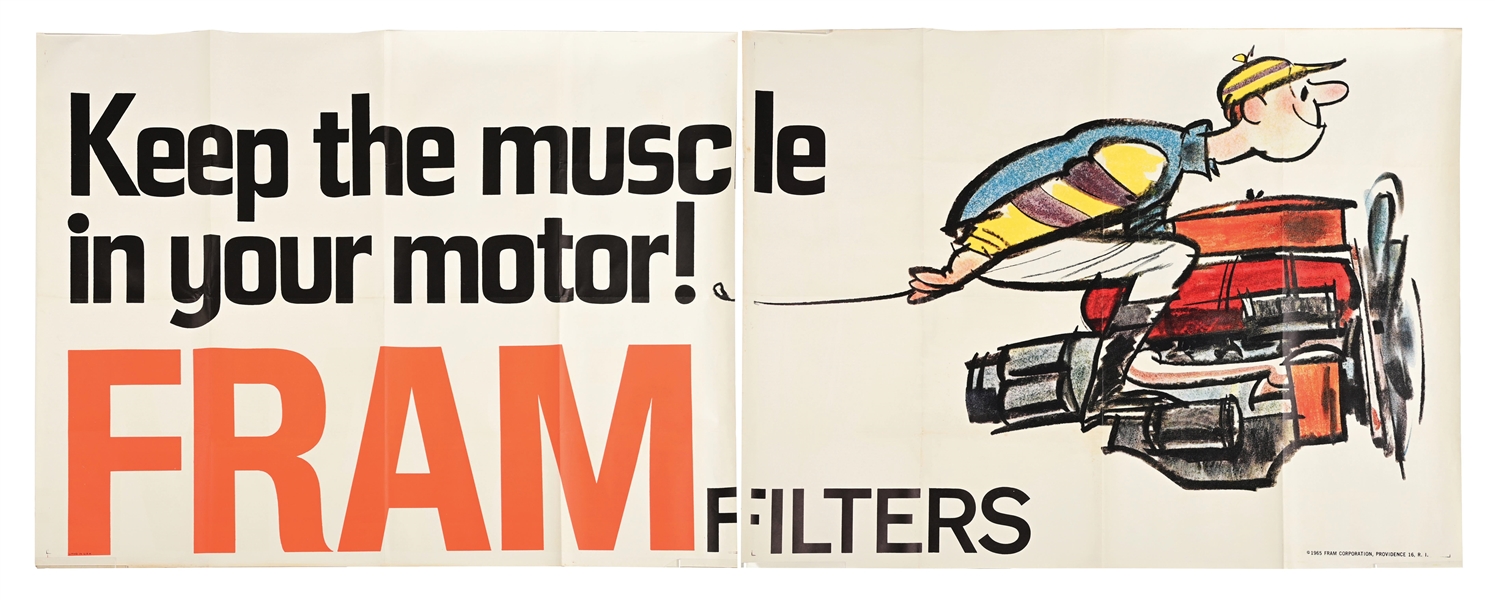 FRAM OIL FILTERS LARGE TWO-PIECE POSTER W/ CARTOON GRAPHIC. 