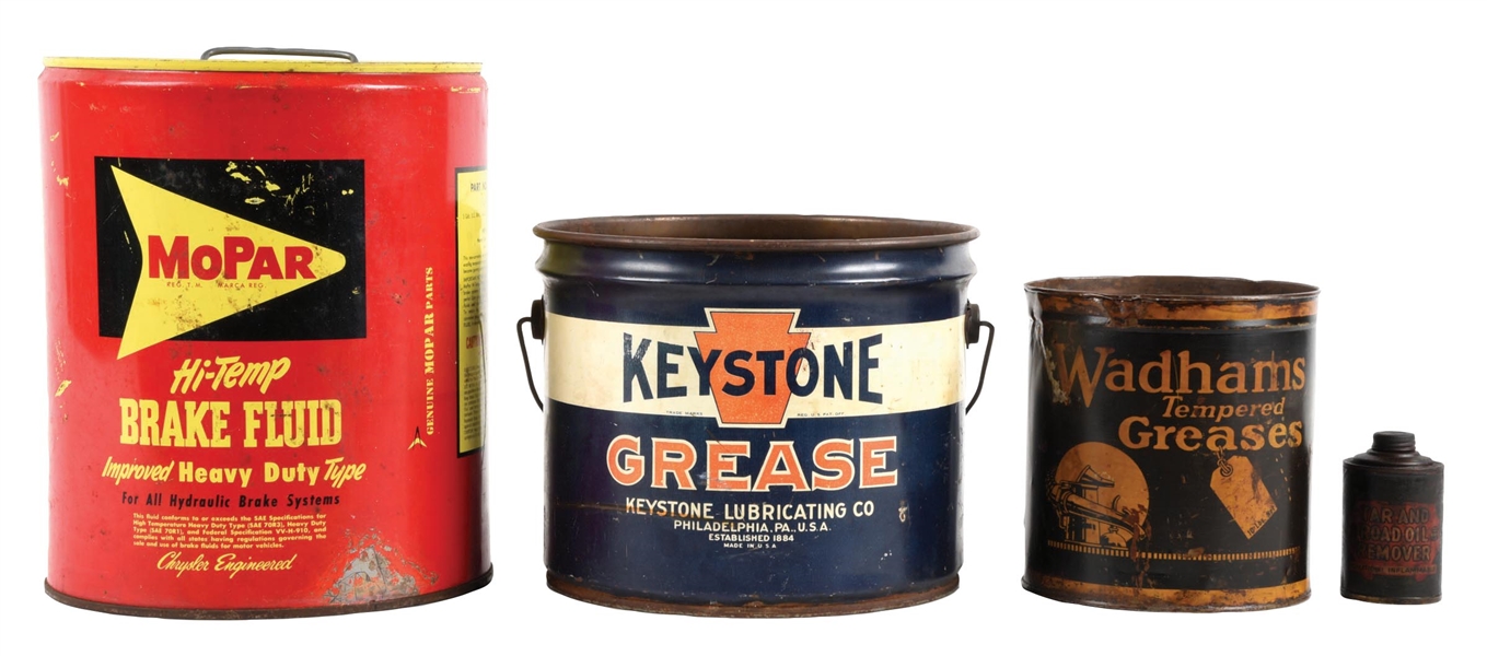 COLLECTION OF 4: AUTOMOTIVE LUBRICATION CANS FROM MOPAR, WADHAMS & KEYSTONE. 