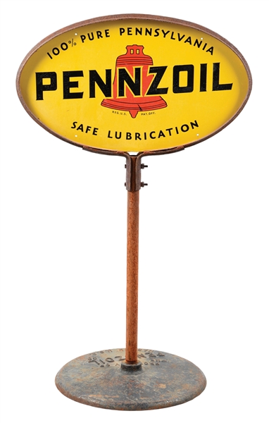 PORCELAIN PENNZOIL SAFE LUBRICANT CURB SIGN W/ BASE. 