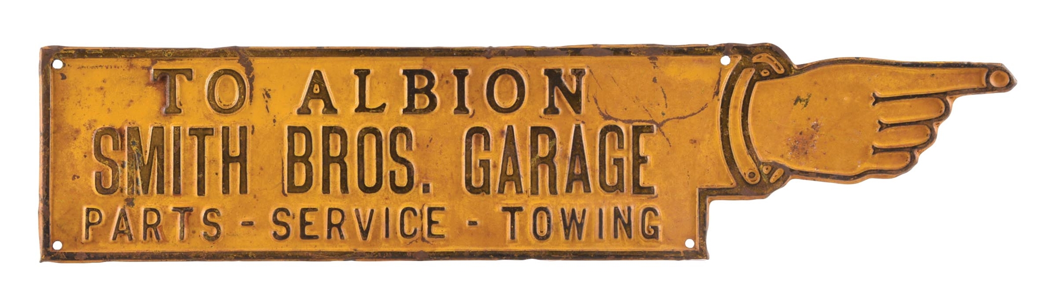 "TO ALBION" SMITH BROS GARAGE EMBOSSED TIN FINGER POINTER SIGN. 