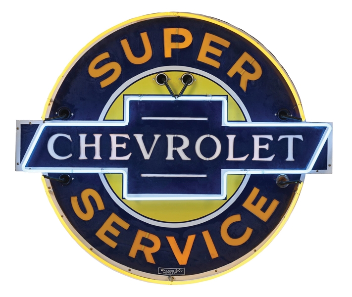 CHEVROLET SUPER SERVICE PORCELAIN NEON SIGN W/ MILK GLASS LETTERS. 