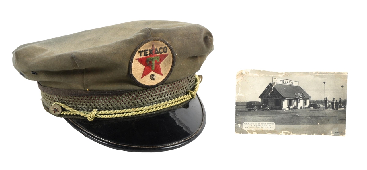 COLLECTION OF 2: TEXACO SERVICE STATION ATTENDANT CAP & POSTCARD. 