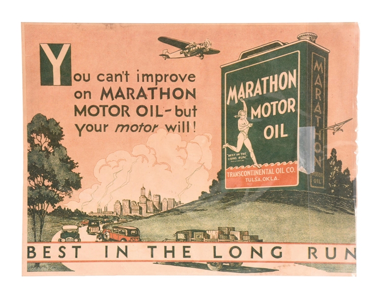 MARATHON MOTOR OIL SIGN W/ ONE GALLON GRAPHIC. 