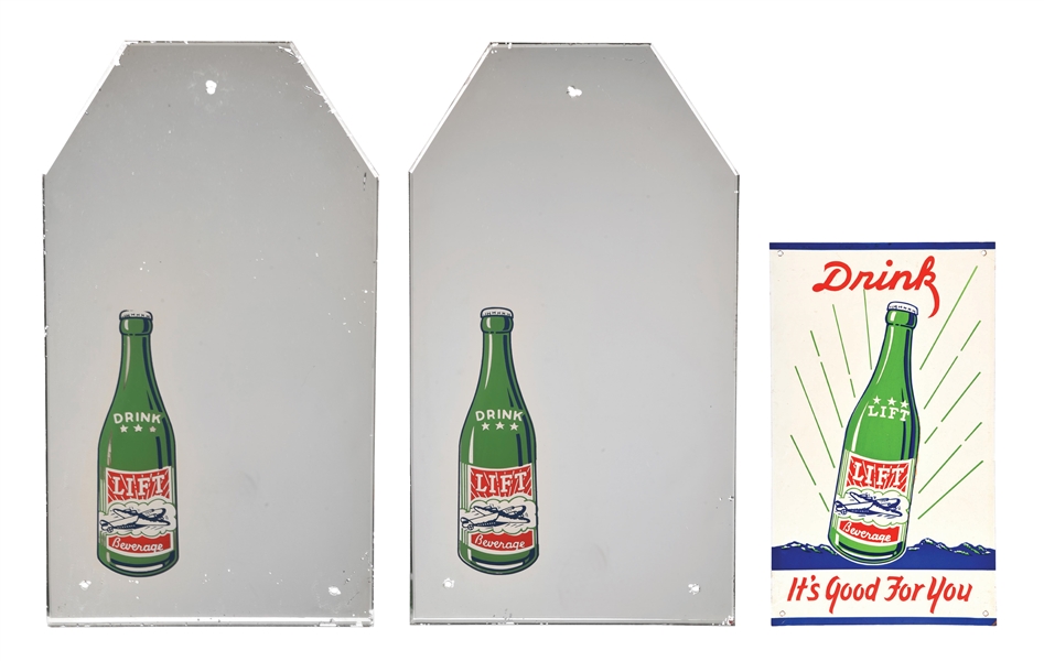 COLLECTION OF 3: LIFT SODA POP ADVERTISING MIRRORS & EMBOSSED TIN SIGN. 