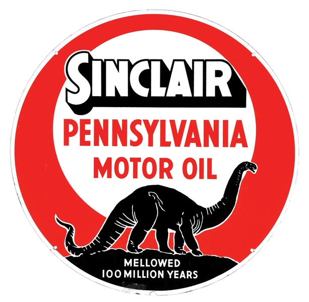 SINCLAIR PENNSYLVANIA MOTOR OIL PORCELAIN SIGN W/ DINO GRAPHIC. 