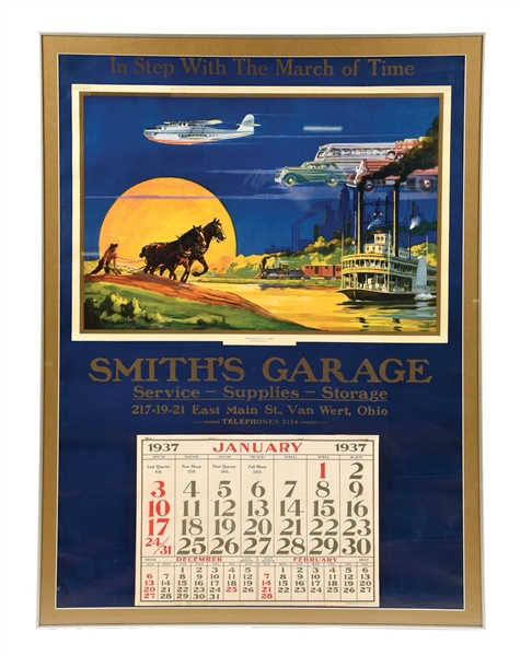 LARGE AND IMPRESSIVE 1937 SMITHS GARAGE CALENDAR W/ TRANSPORTATION GRAPHIC.