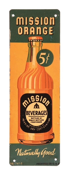 MISSION ORANGE SODA POP 5¢ TIN SIGN W/ BOTTLE GRAPHIC AGS 89. 