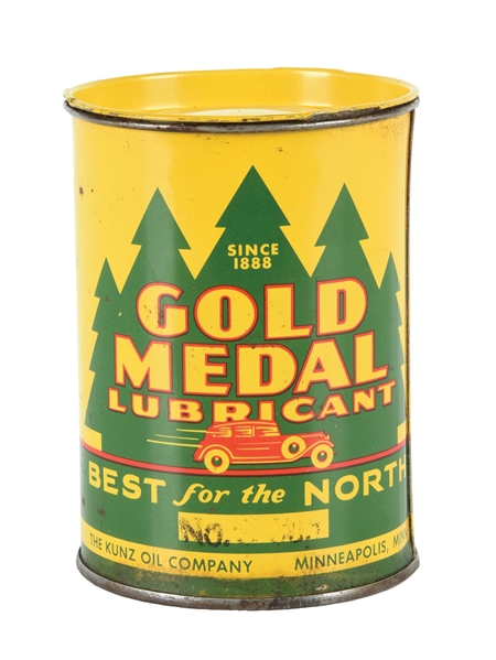 RARE KUNZ GOLD MEDAL ONE POUND GREASE CAN W/ CAR & TREE GRAPHIC AGS 90. 