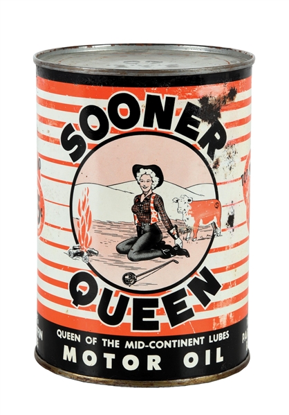 RARE SOONER QUEEN MOTOR OILS ONE QUART CAN W/ COWGIRL GRAPHIC. 