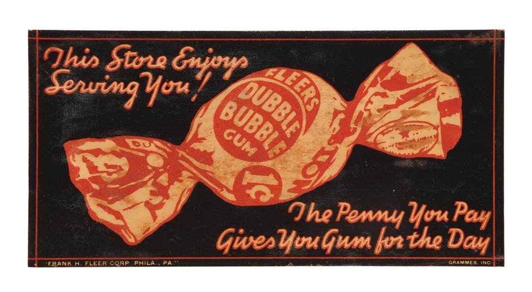 VERY RARE FLEER BUBBLE GUM TIN SIGN W/ GUM GRAPHIC. 