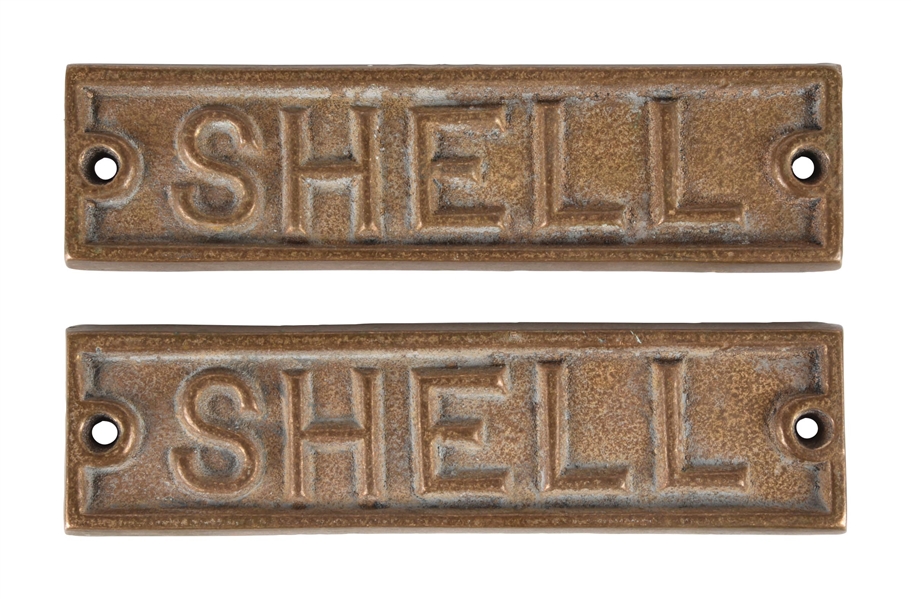 SET OF TWO: CAST BRASS SHELL GASOLINE ERIE GAS PUMP SIGNS. 