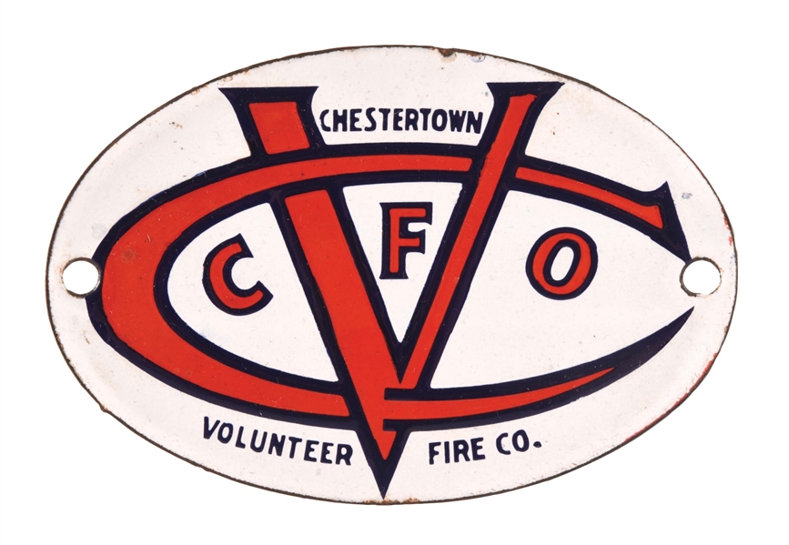 CHESTERTOWN VOLUNTEER FIRE COMPANY PORCELAIN RADIATOR BADGE SIGN AGS 95. 