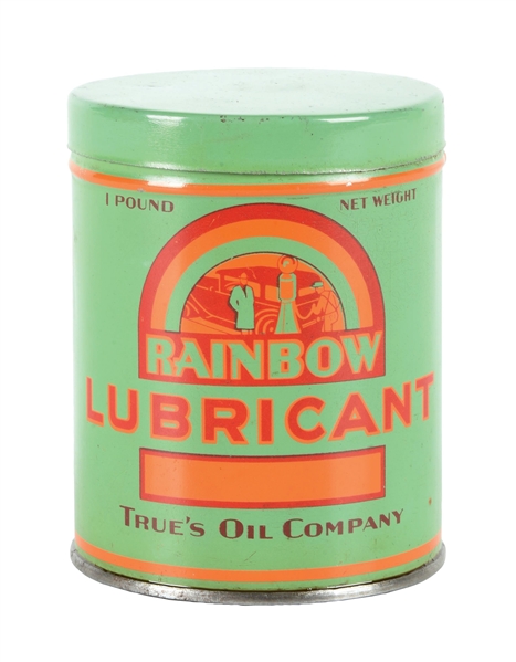 RARE & OUTSTANDING RAINBOW LUBRICANTS ONE POUND GREASE CAN W/ CAR & GAS PUMP GRAPHIC AGS 95.  