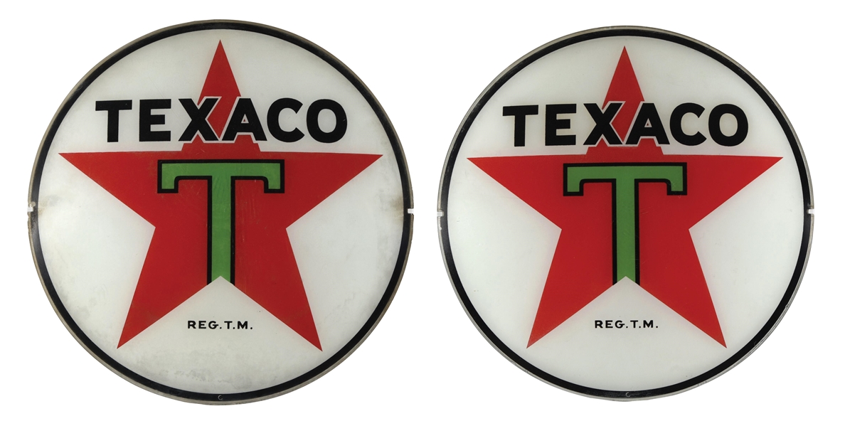 SET OF TWO: TEXACO GASOLINE "BLACK T" 13.5" GLOBE LENSES. 