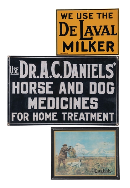 COLLECTION OF 3 AGRICULTURAL & HUNTING PAINTED METAL SIGNS