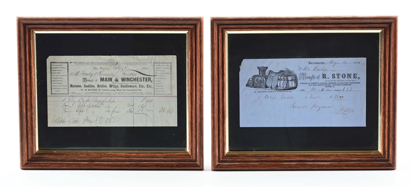 LOT OF 2: FRAMED SADDLE AND HARNESS SHOP RECEIPTS.