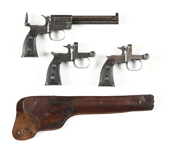 (C) LOT OF 3: PAIR MARBLES GAME GETTER FRAMES AND ONE COMPLETE PISTOL. 