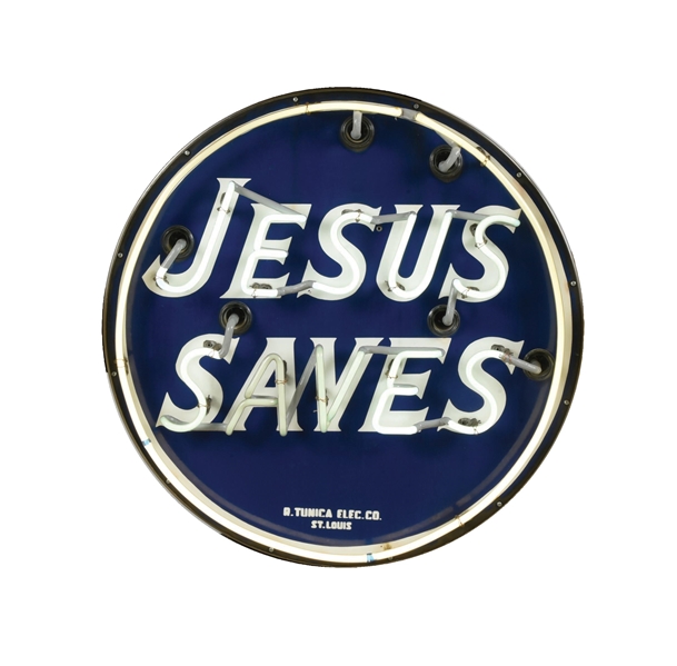 JESUS SAVES PORCELAIN NEON SIGN. 