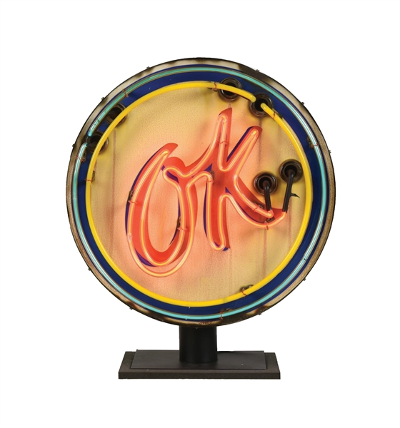 OK USED CARS PORCELAIN NEON SIGN ON STAINLESS STEEL CAN WITH CUSTOM STAND. 