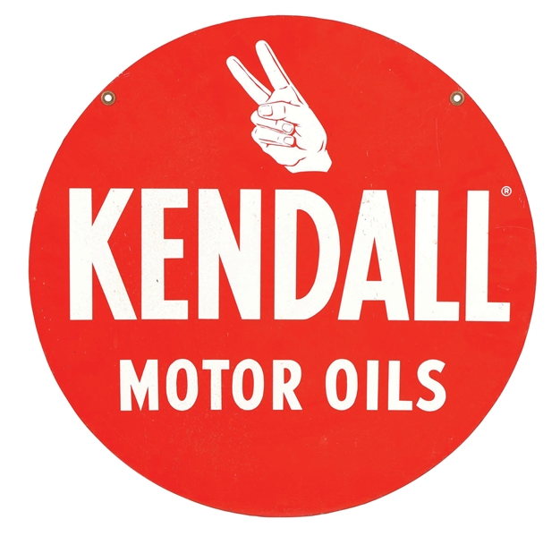 TIN KENDALL MOTOR OILS SIGN W/ HAND GRAPHIC. 