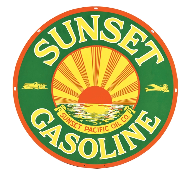 SUNSET GASOLINE PORCELAIN SIGN W/ CAR & AIRPLANE GRAPHIC. 