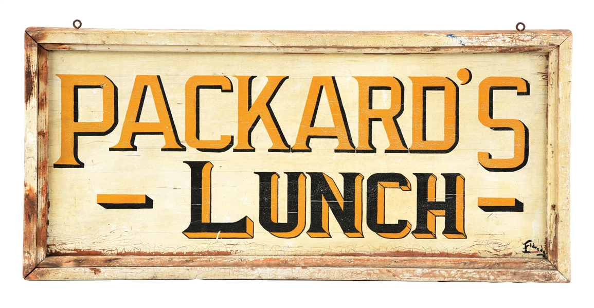 PACKARDS LUNCH HAND PAINTED WOOD SIGN W/ ORIGINAL WOOD FRAME. 