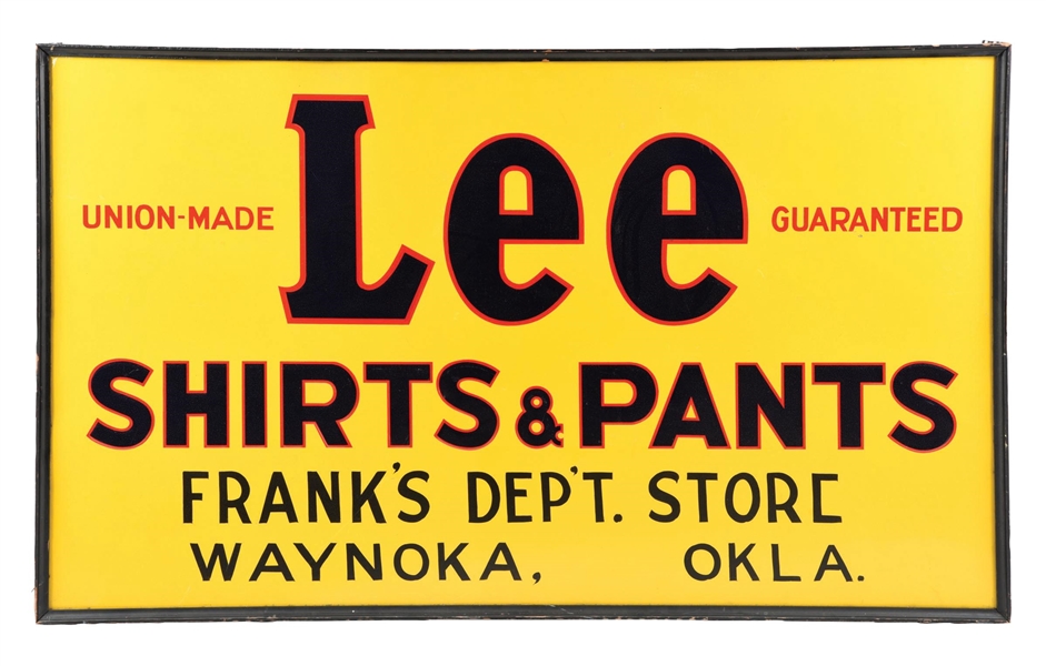 OUTSTANDING N.O.S. LEE UNION MADE SHIRTS & PANTS EMBOSSED TIN SIGN W/ ORIGINAL WOOD FRAME AGS 93. 