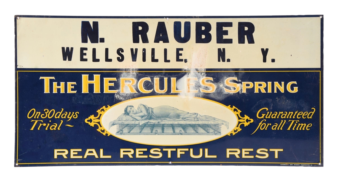 THE HERCULES SPRING EMBOSSED TIN SIGN W/ BED & WOMAN GRAPHIC. 