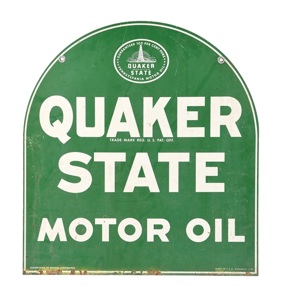 TIN QUAKER STATE MOTOR OIL TOMBSTONE SIGN. 