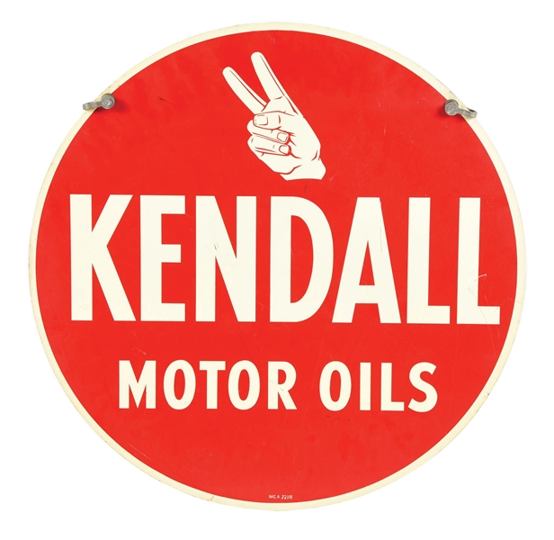 KENDALL MOTOR OIL SIGN W/ HAND GRAPHIC.