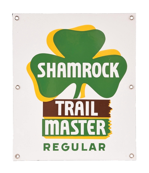 SHAMROCK TRAIL MASTER REGULAR GASOLINE PORCELAIN PUMP PLATE SIGN.