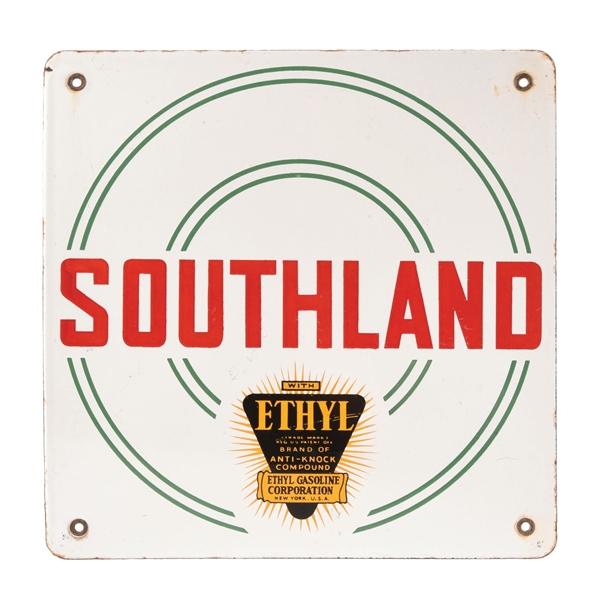 SOUTHLAND ETHYL GASOLINE PORCELAIN PUMP PLATE SIGN. 