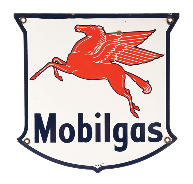 MOBILGAS PORCELAIN PUMP PLATE SIGN W/ PEGASUS GRAPHIC. 