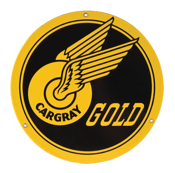 CARGRAY GOLD GASOLINE PORCELAIN PUMP PLATE W/ WINGED WHEEL GRAPHIC.