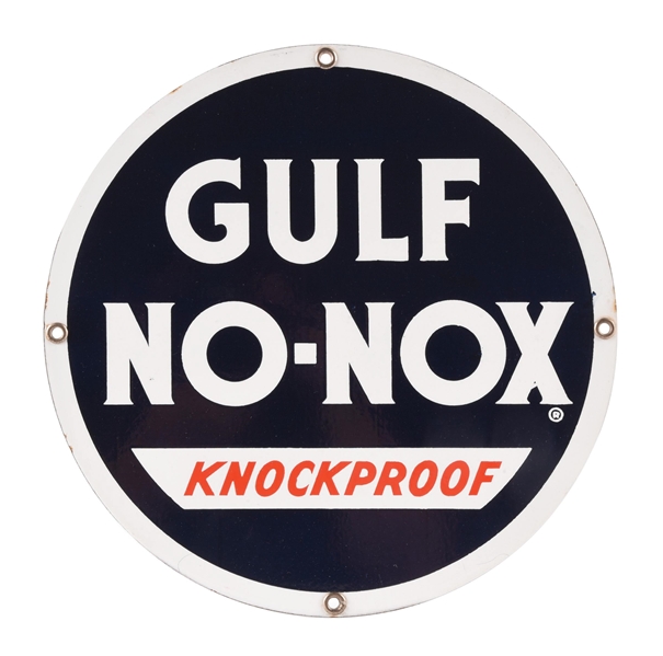 GULF NO-NOX KNOCKPROOF GASOLINE PORCELAIN PUMP PLATE SIGN. 